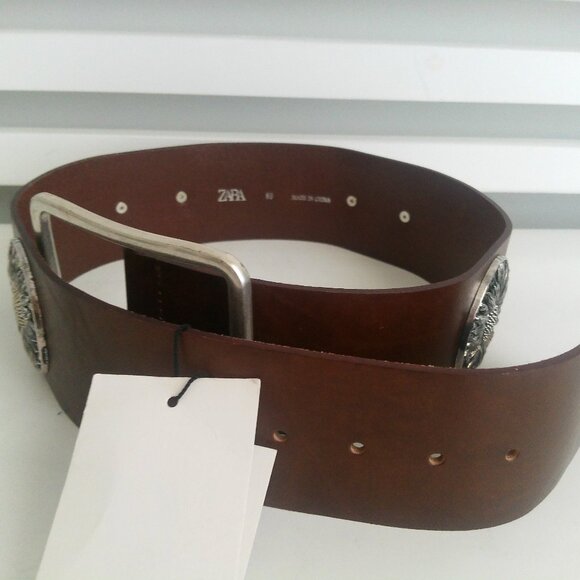 NWT ZARA WIDE LEATHER BELT WITH FLOWER BROWN 1736/059 - Picture 8 of 8